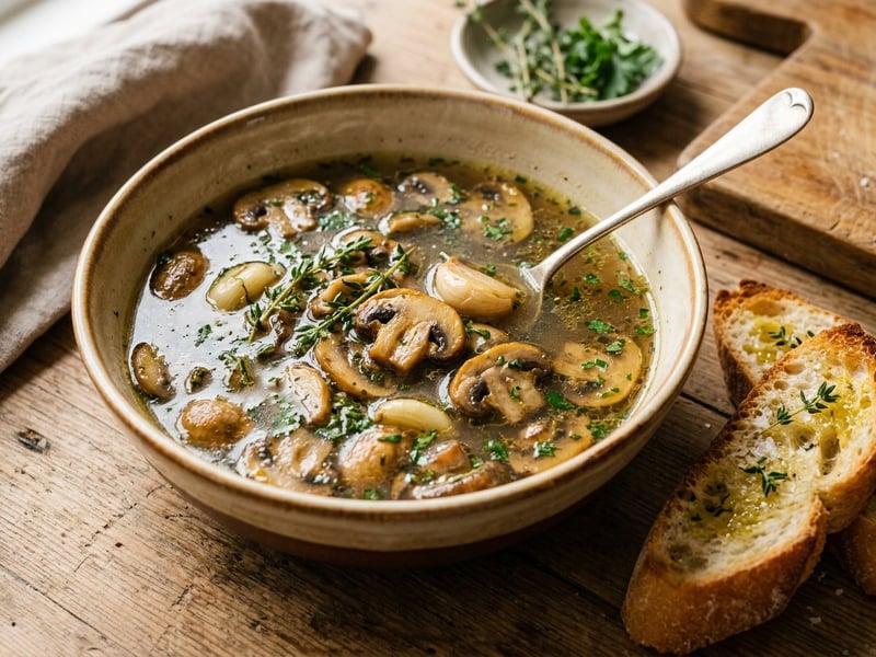 French Provençal Garlic Mushroom Soup | With Crispy Herb Baguette