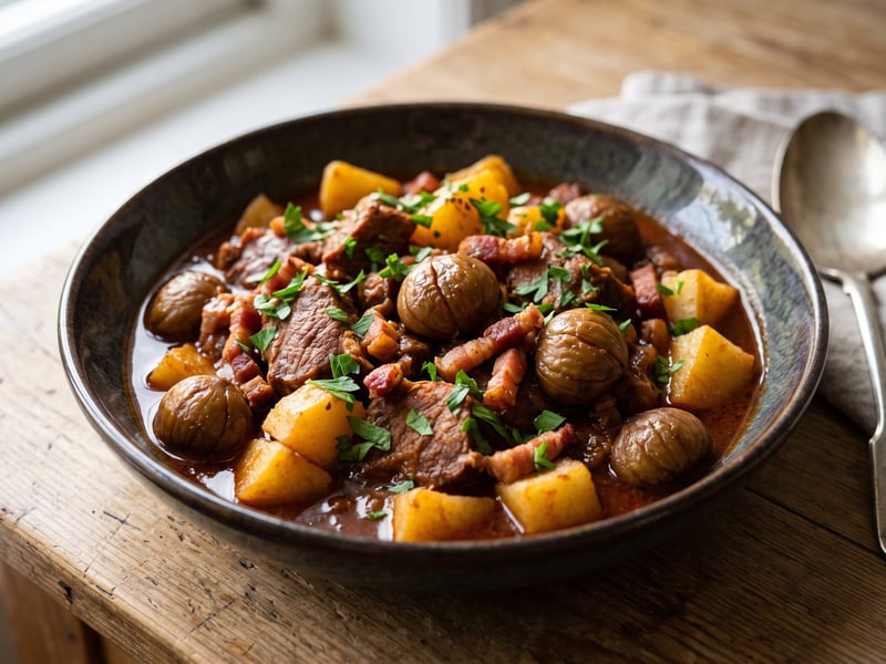 Pork ragout with chestnuts and potatoes