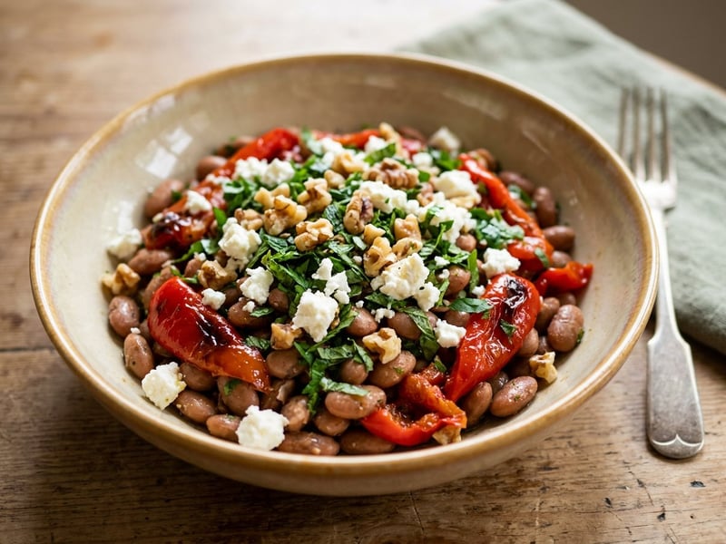 Middle Eastern warm roasted pinto bean salad with roasted kapia peppers and walnuts