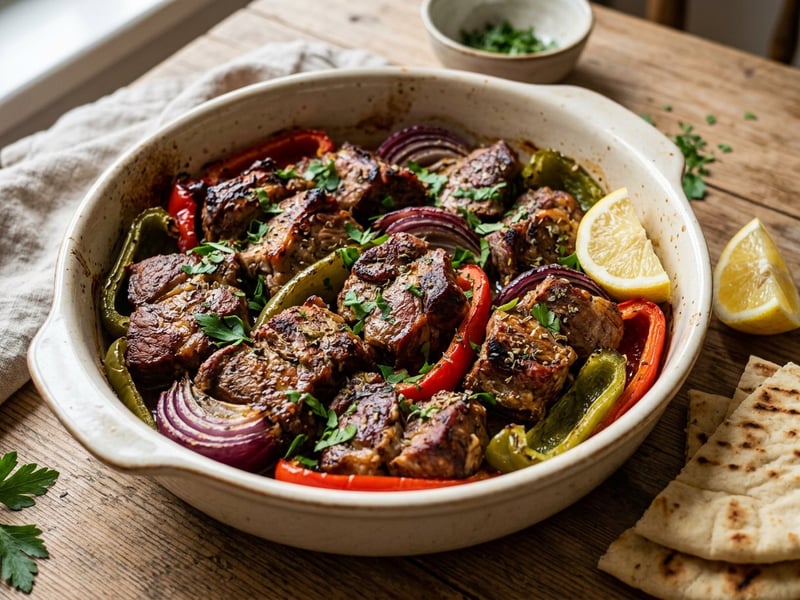 Greek Sheet Pan Kontosouvli | Tender Marinated Pork Neck with Vegetables