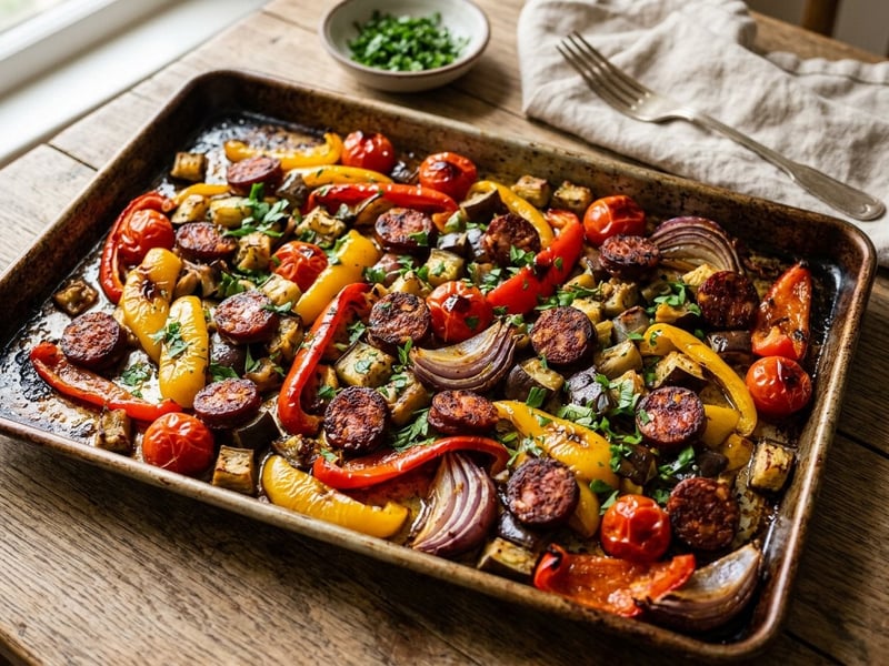 Spanish sheet pan roasted peppers with chorizo | Flavorful autumn dinner