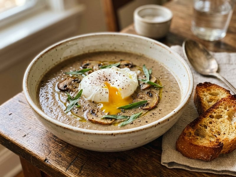 French Button Mushroom Soup | With Poached Egg
