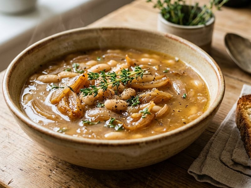 French Gers-style shallot soup with white beans | Aromatic soup braised in duck fat