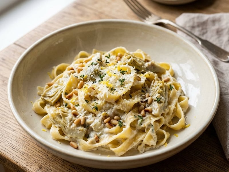 Creamy Artichoke Tagliatelle | Italian Pasta with Ricotta and Pine Nuts