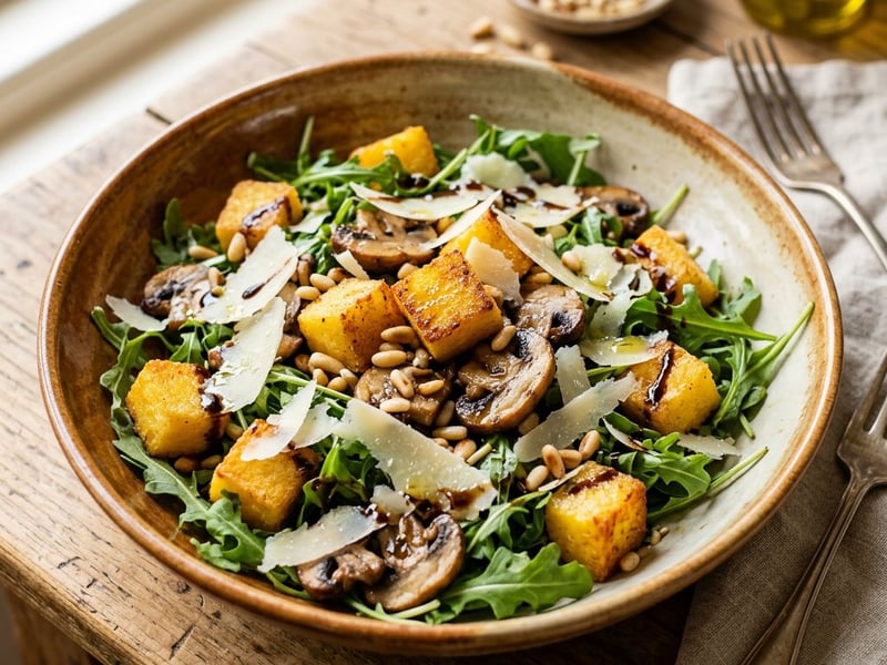 Tuscan Fried Polenta Salad | With Sautéed Mushrooms and Parmesan