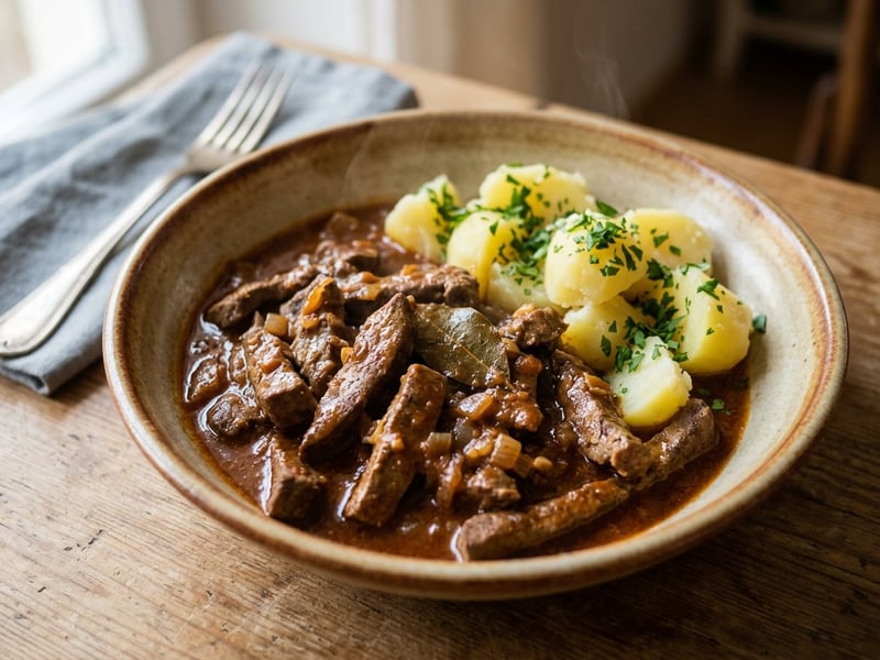 Traditional sour liver with salted potatoes