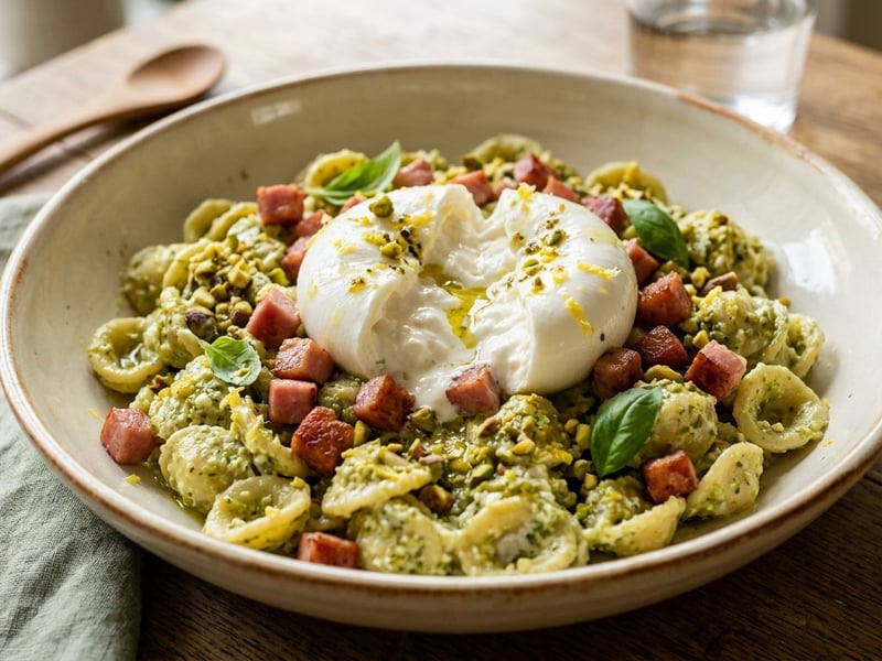 Pistachio orecchiette | With creamy ricotta, crispy ham, and burrata