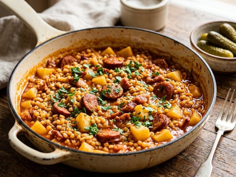 Alföld Shepherd's Egg Barley with Sausage and Potatoes
