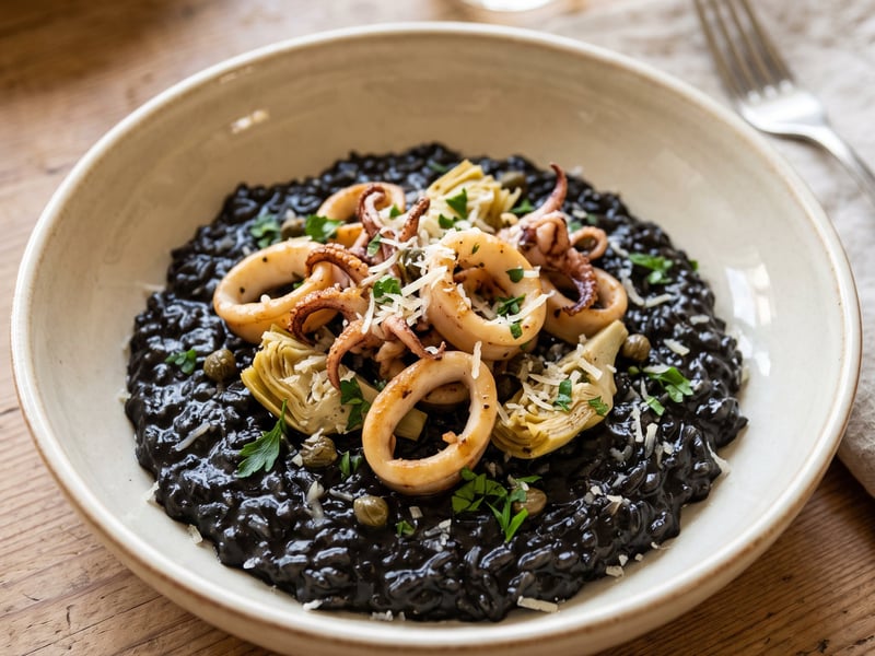 Black risotto with squid | Creamy Italian classic with sautéed squid and artichokes