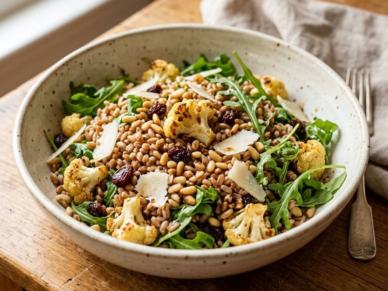 Tuscan roasted cauliflower farro salad with raisins and pecorino
