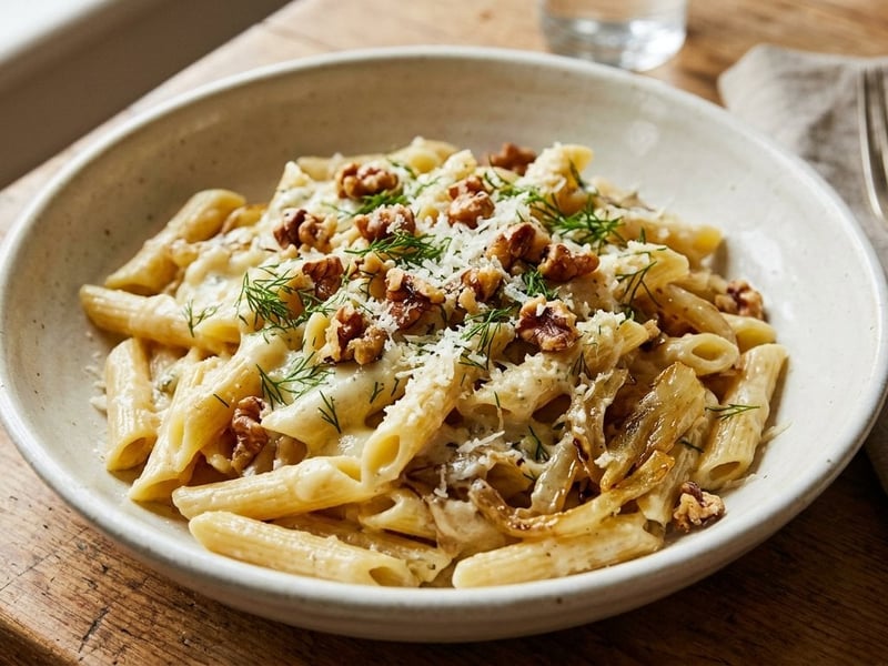 Krémes édesköményes penne gorgonzolával és pirított dióval