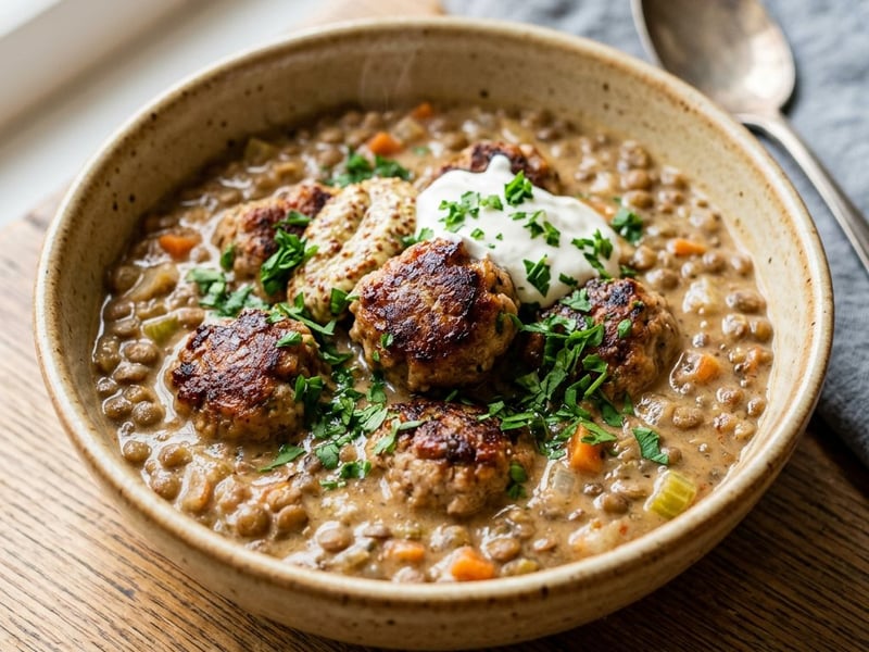 Lentil Ragout with Meatballs and Sour Cream | Hearty Hungarian One-Pot Dish