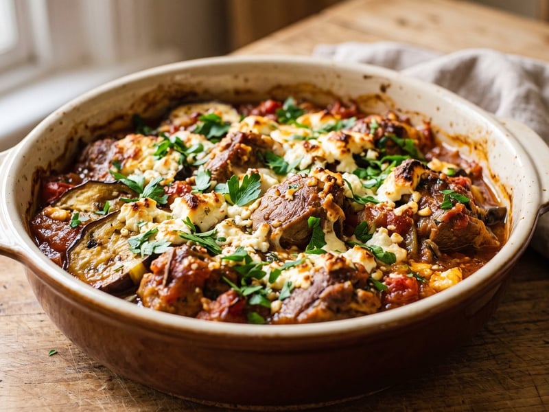 Baked Greek lamb ragout with roasted eggplant and feta