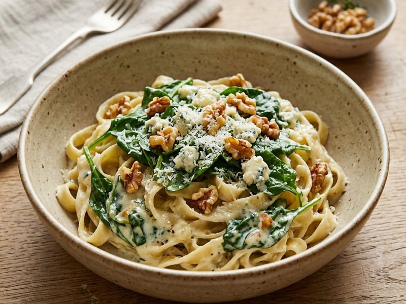Gorgonzolás-spenótos tagliatelle | Krémes olasz tészta pirított dióval