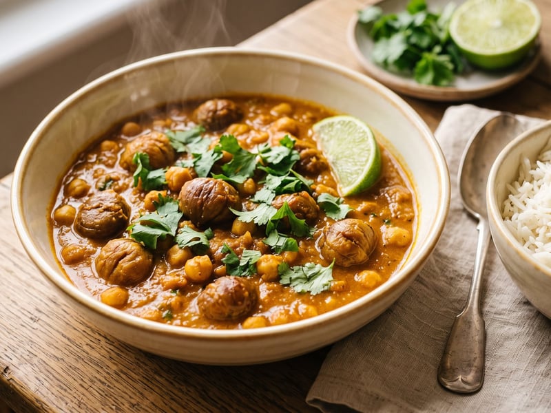 Sült gesztenyés csicseriborsó curry | Fűszeres őszi indiai egytál