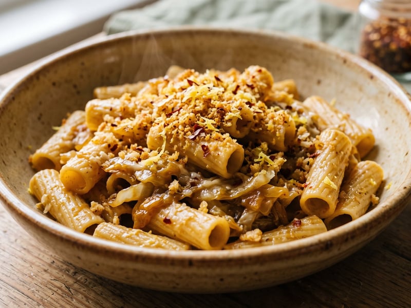 Csúcsos káposztás rigatoni | Ropogós fokhagymás morzsával