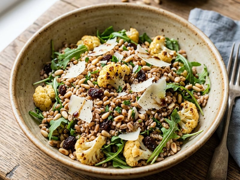 Tuscan Roasted Cauliflower Farro Salad | With Pecorino and Raisins