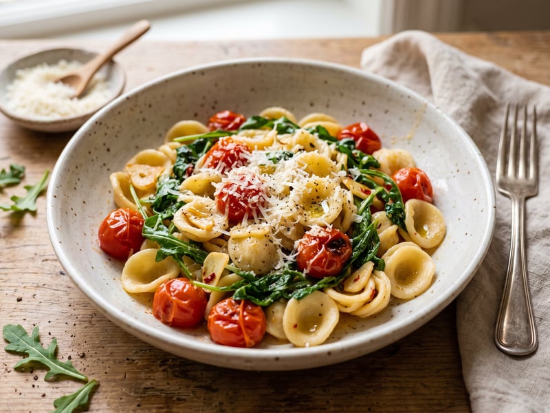 Pugliai rukkolás orecchiette koktélparadicsommal és pecorinóval | 20 perces olasz tészta
