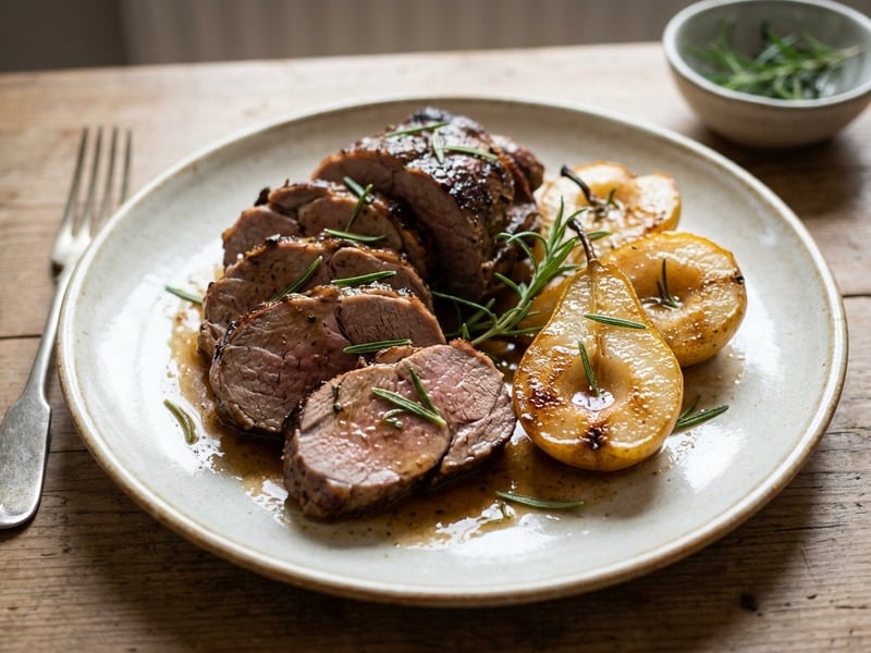 Rosemary wild boar roast with spiced roasted pears