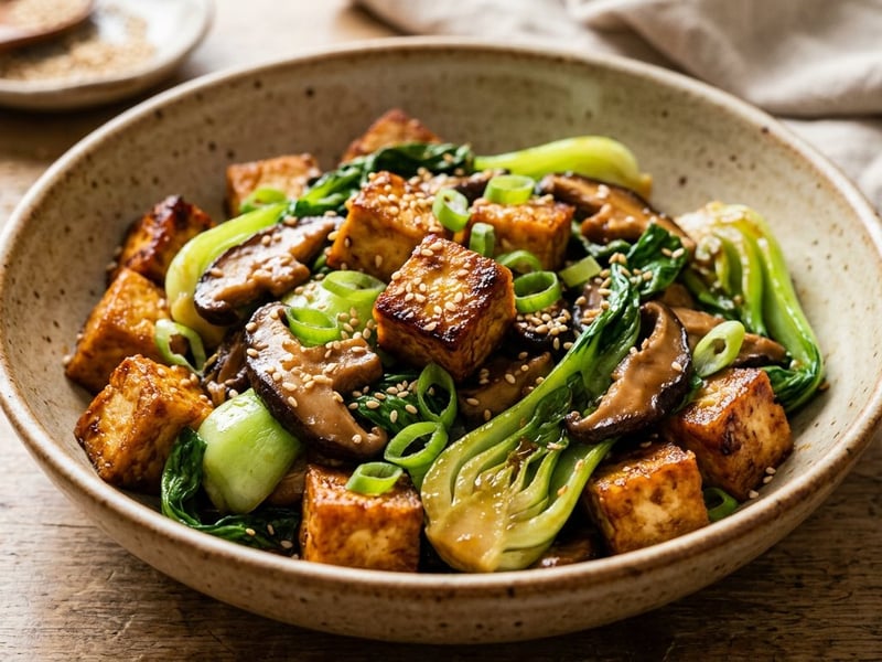 Stir-fried smoked tofu with shiitake mushrooms and pak choi | 20-minute dinner