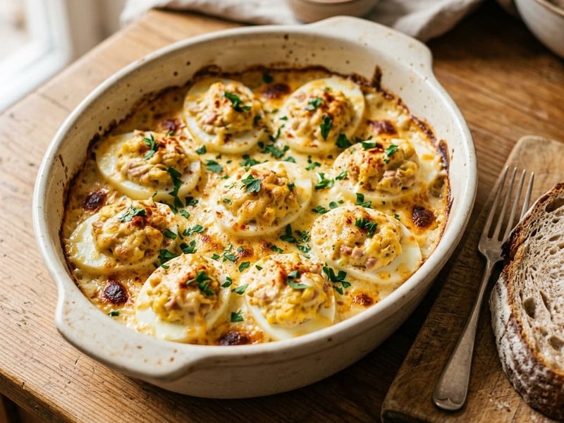 Košice-style baked stuffed eggs with sour cream and cheese | Warm Hungarian brunch