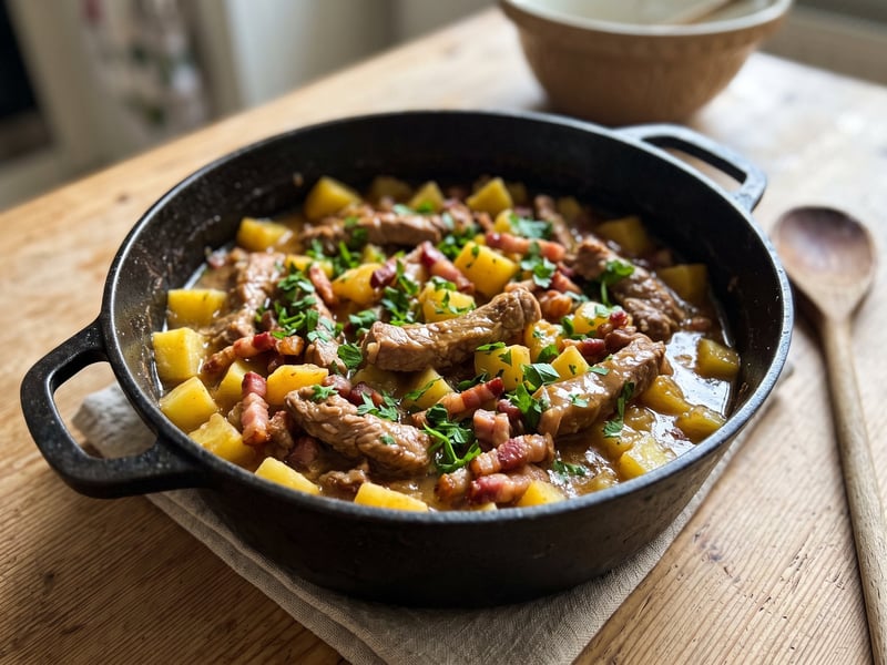 Pork tokány with quince and potatoes
