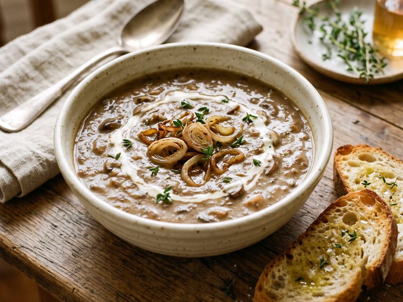 Normandy mushroom cream soup with cider and sautéed shallots