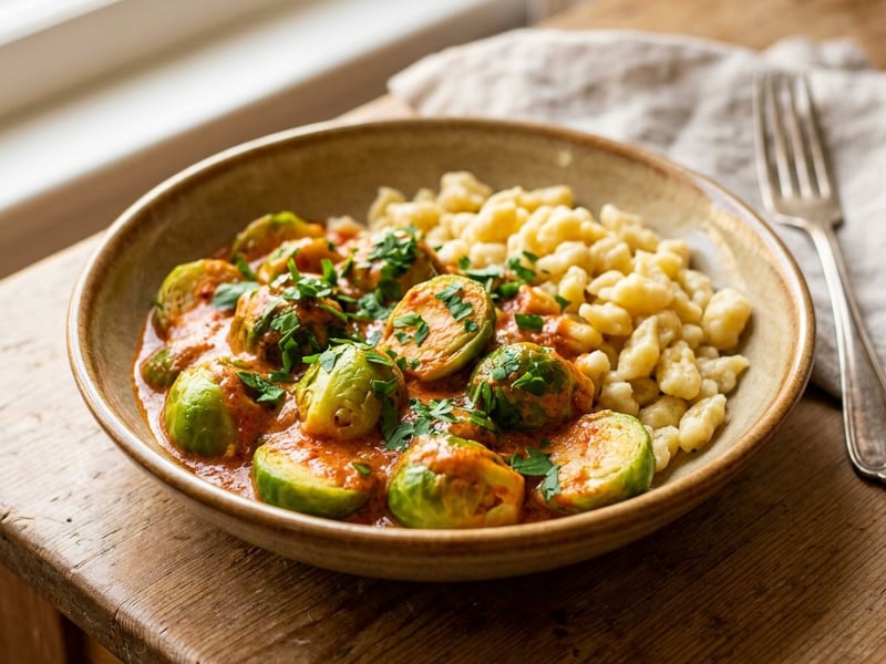 Creamy Brussels Sprout Paprikash with Homemade Nokedli