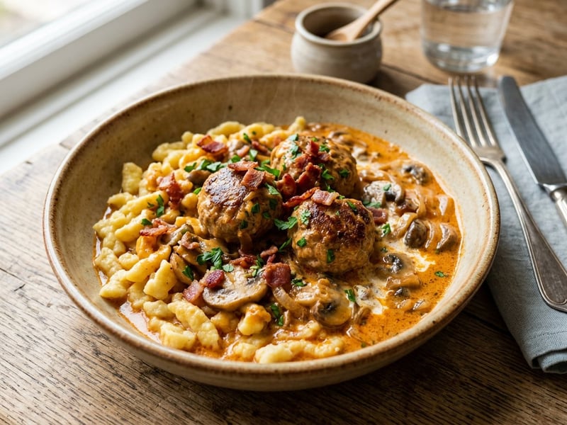 Bakony-style Outlaw Meatballs with Galuska | Juicy pork meatballs in sour cream mushroom sauce