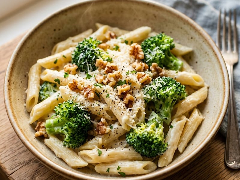 Creamy broccoli and gorgonzola penne with toasted walnuts