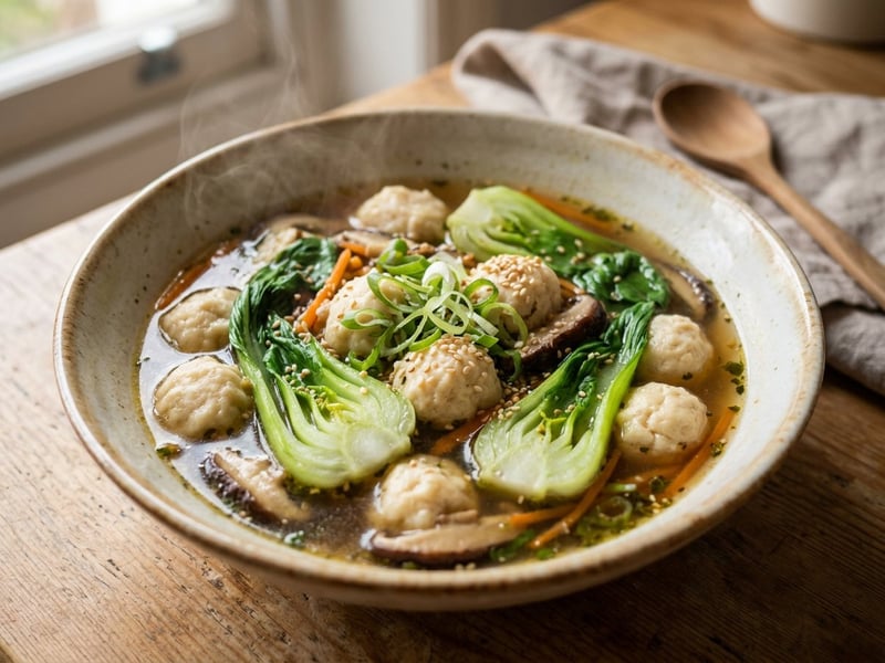 Ázsiai tofugombóc leves pak choi-jal és shiitake gombával | Kényeztető lélekmelengető leves