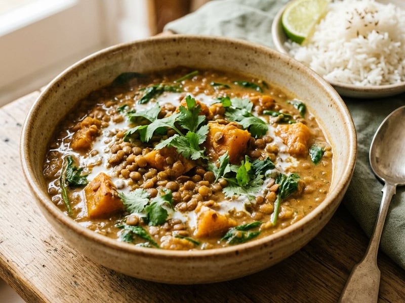 Indiai lencse curry sütőtökkel | Krémes őszi egytál