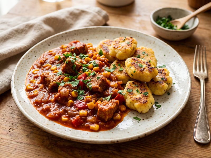 Transdanubian pork and sweetcorn ragout with pan-fried dödölle