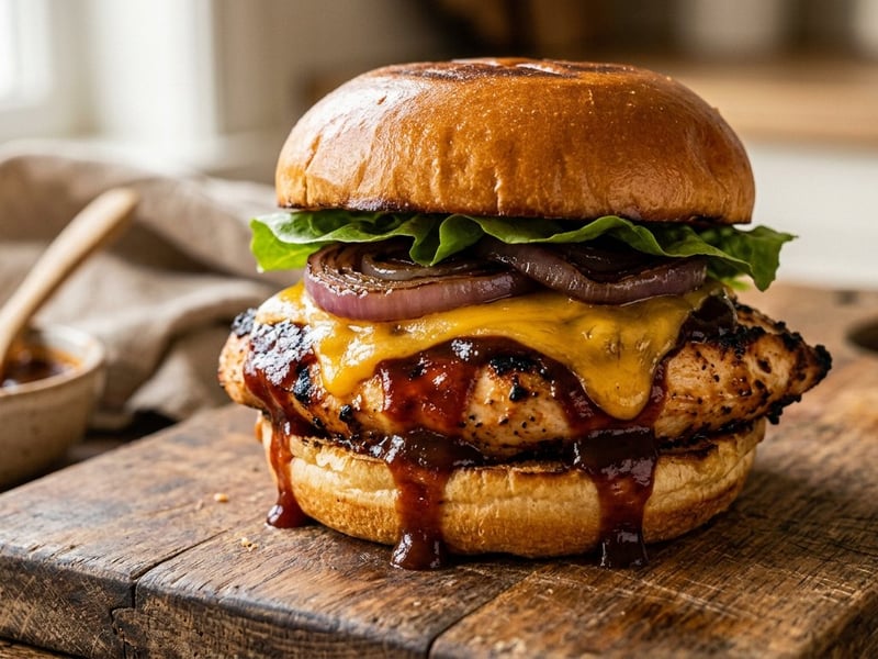 Füstös BBQ csirkemell burger | Szaftos cheddarral és lilahagymával