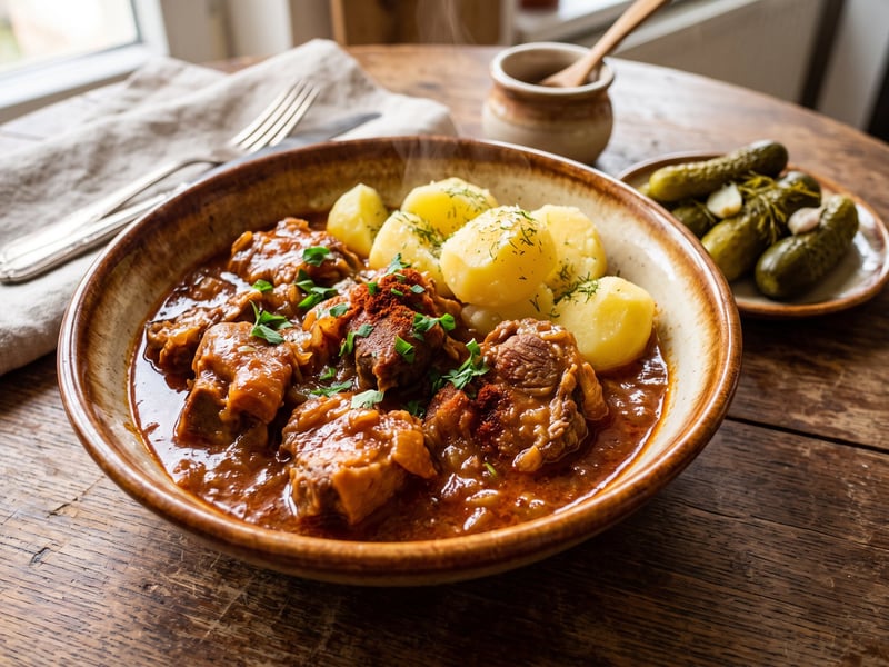 Traditional cauldron pork knuckle stew with salted potatoes