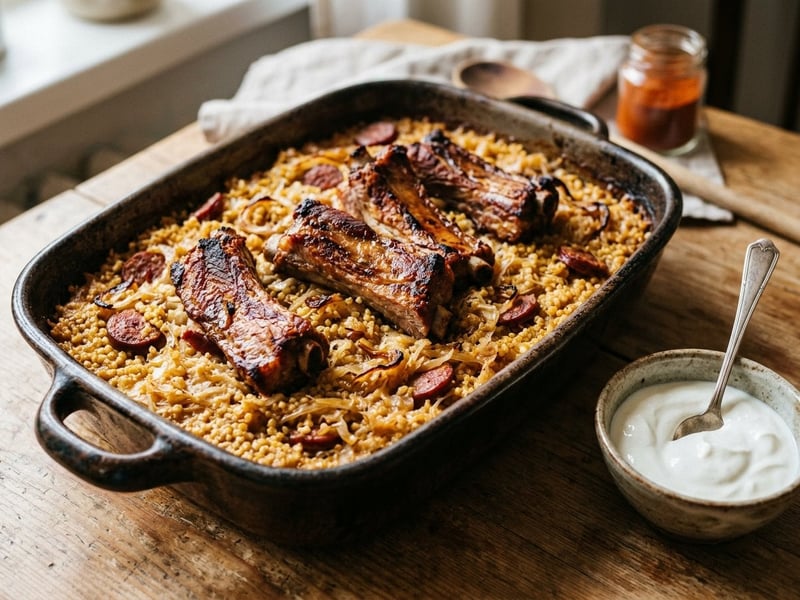 Baked sauerkraut and millet with pork ribs