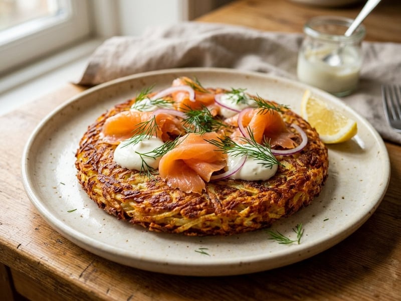 Potato Rösti with Smoked Salmon | Crispy Potato Pancake with Creamy Sour Cream and Dill