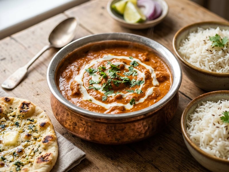 Vajas csirke házi naannal és basmati rizzsel | Krémes indiai klasszikus illatos fűszerekkel