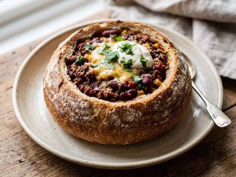 Chili con carne kenyértálban | Gazdag marharagu ropogós cipóban tálalva