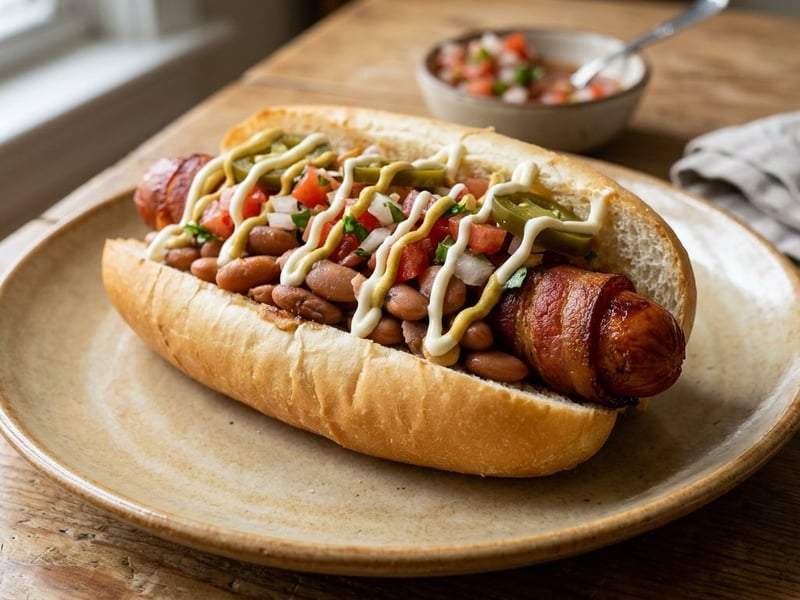 Mexican Sonoran hot dog with beans and bacon | Crispy street food