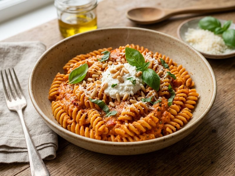 Krémes sült paprikás fusilli ricottával és bazsalikommal