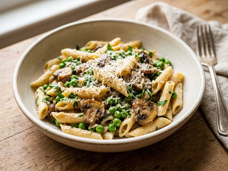 Penne alla Boscaiola | Krémes gombás és zöldborsós tészta
