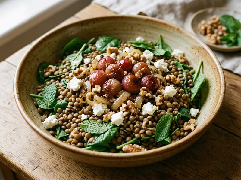 Middle Eastern Roasted Grape and Lentil Salad | With Caramelized Onion and Feta