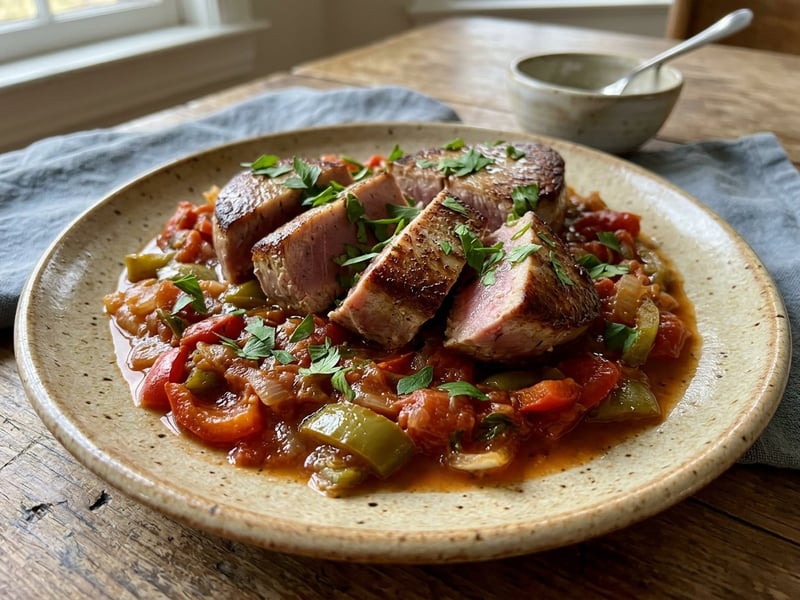 Baszk tonhalsteak piperade-dal | Szaftos spanyol halvacsora