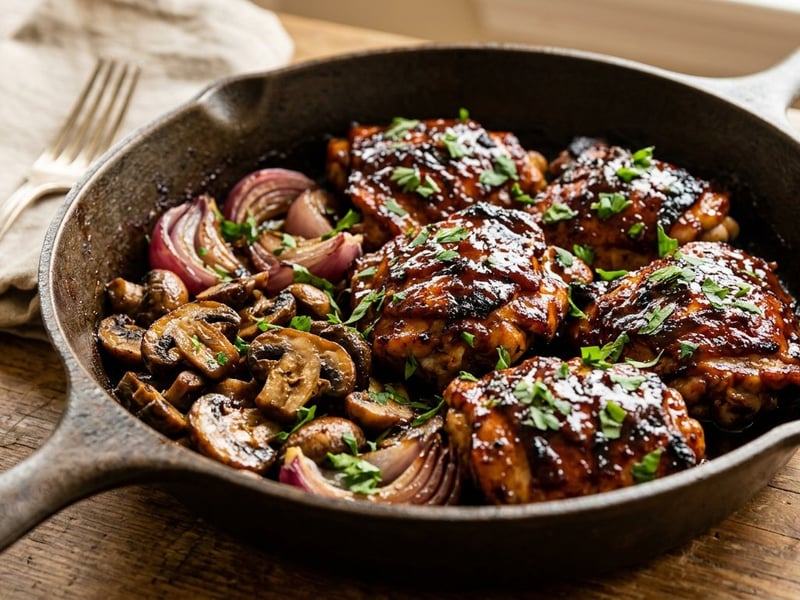 Smoky BBQ chicken thigh fillets with sautéed brown button mushrooms | Juicy autumn grill