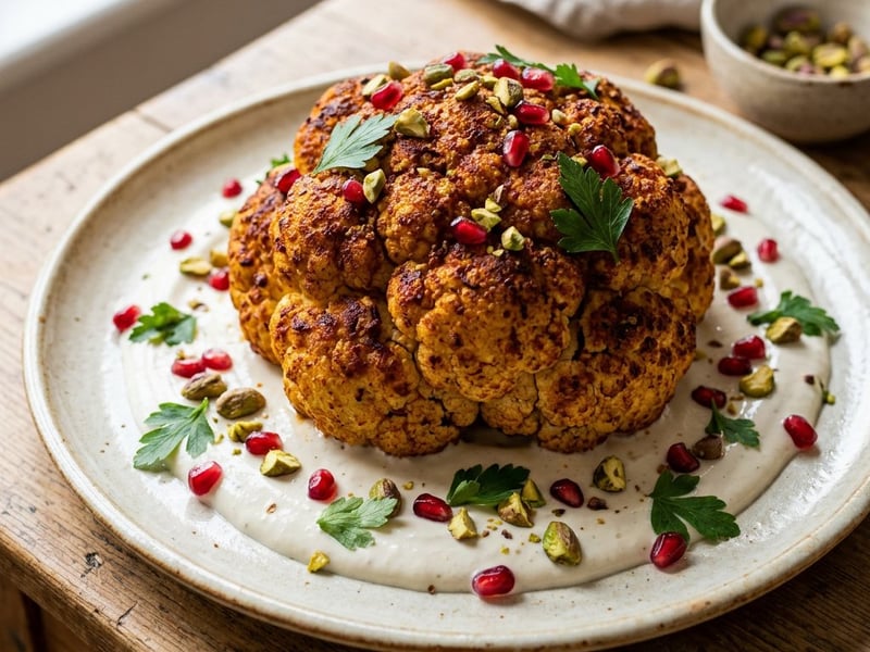 Whole roasted cauliflower with tahini | Middle Eastern spiced roasted vegetable with creamy dip