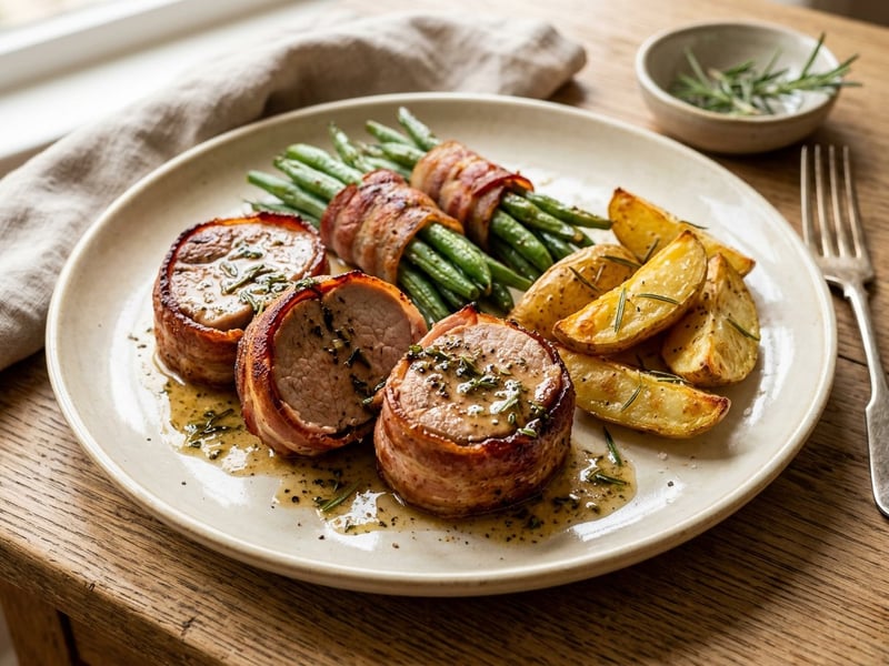 Baconbe göngyölt zöldbabos sertésszűz steak burgonyával