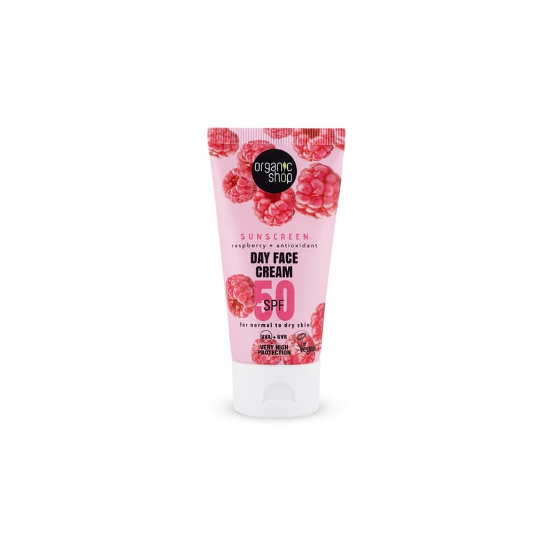 Organic Shop fényvédő nappali arckrém málnával és antioxidánsokkal SPF50 (normál és száraz bőrre)