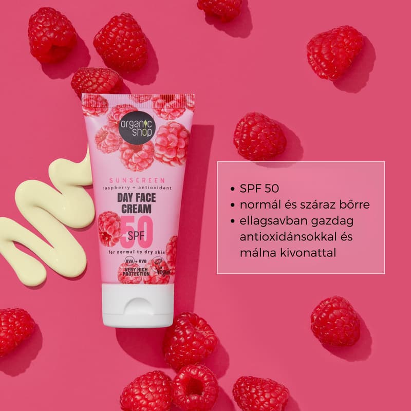 Organic Shop fényvédő nappali arckrém málnával és antioxidánsokkal SPF50 (normál és száraz bőrre)
