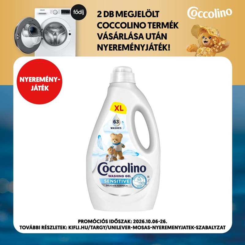 Coccolino Sensitive mosószer érzékeny bőrre, 63 mosás, 2. 52 l